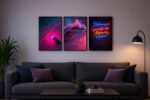 Neon Aesthetic Cat and Coastal Car Wooden Wall Art Frame Set