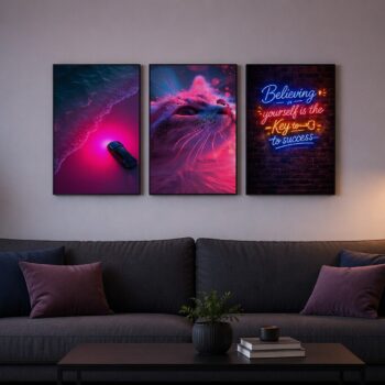 Neon Aesthetic Cat and Coastal Car Wooden Wall Art Frame Set